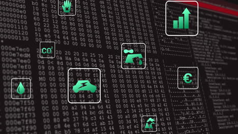 animation of eco icons and digital data processing over computer servers