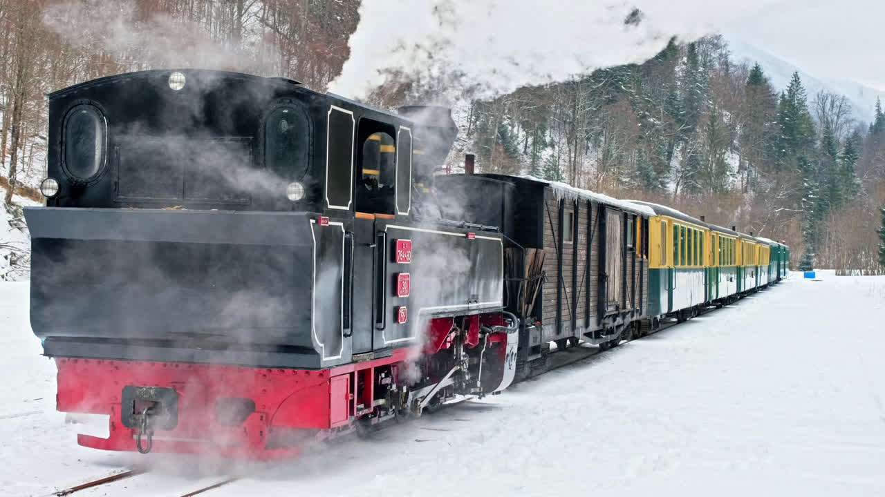 Vista del treno a vapore Mocanita a pieno regime in una stazione ferroviaria in inverno, neve, foresta spoglia intorno, Romania