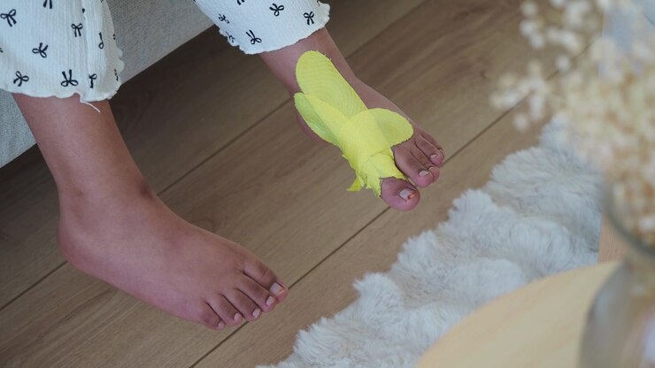 Persona con correttore per alluce valgo giallo sul piede