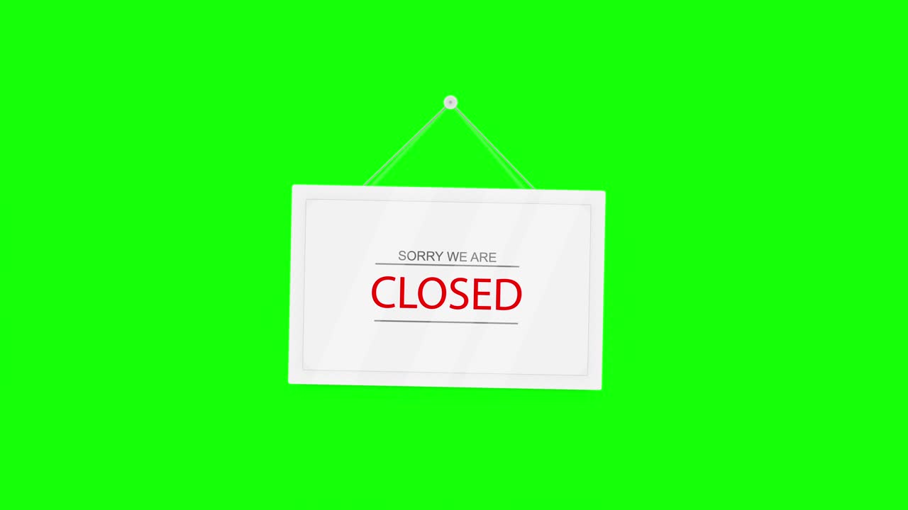 우리는 문을 닫았습니다. 그림자가 있는 색 표지판은 녹색 크로마 키 배경에 애니메이션을 흔들고 있습니다. 빨간색 텍스트 표지판이 문을 매달리고 있습니다. 모션 그래픽 비디오