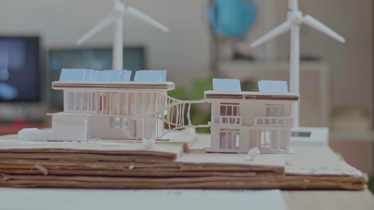 близкий взгляд на руку человека, помещающего солнечную панель на крышу небольшого модельного дома