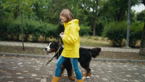 Side-view-of-a-happy-little-blonde-girl-in-a-yellow-jacket-walking-with-her-dog-along-the-alley-in-the-park-after-the-rain