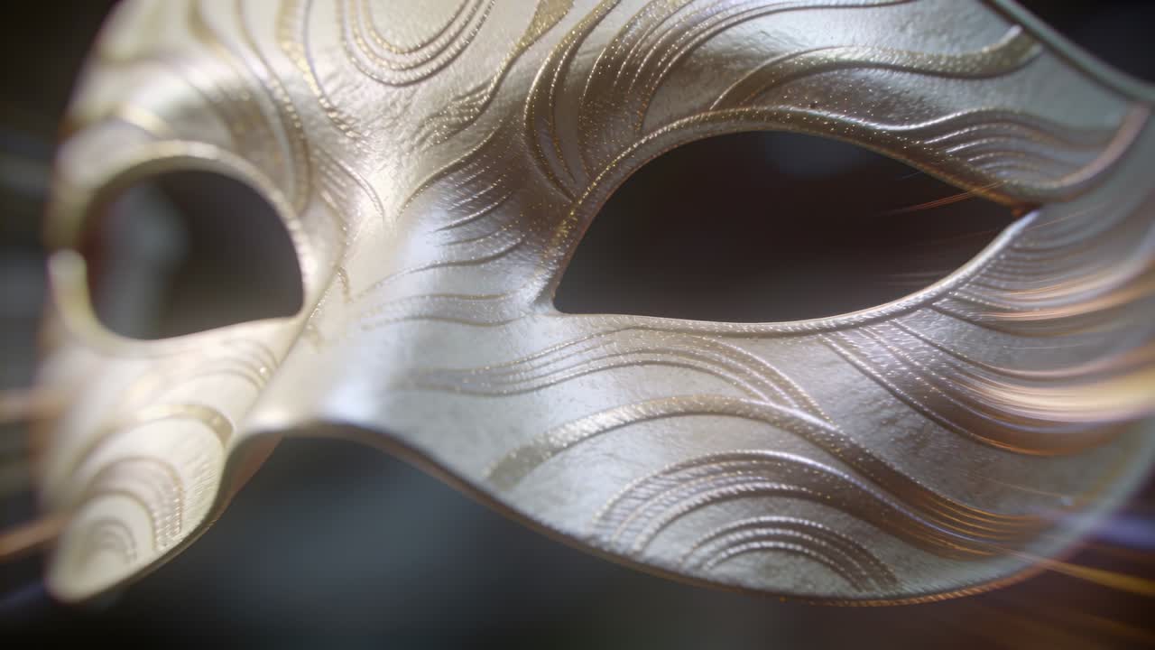 Câmera afastando-se, revelando uma máscara de mascarada metálica em estúdio, realçando o rebite e o brilho.