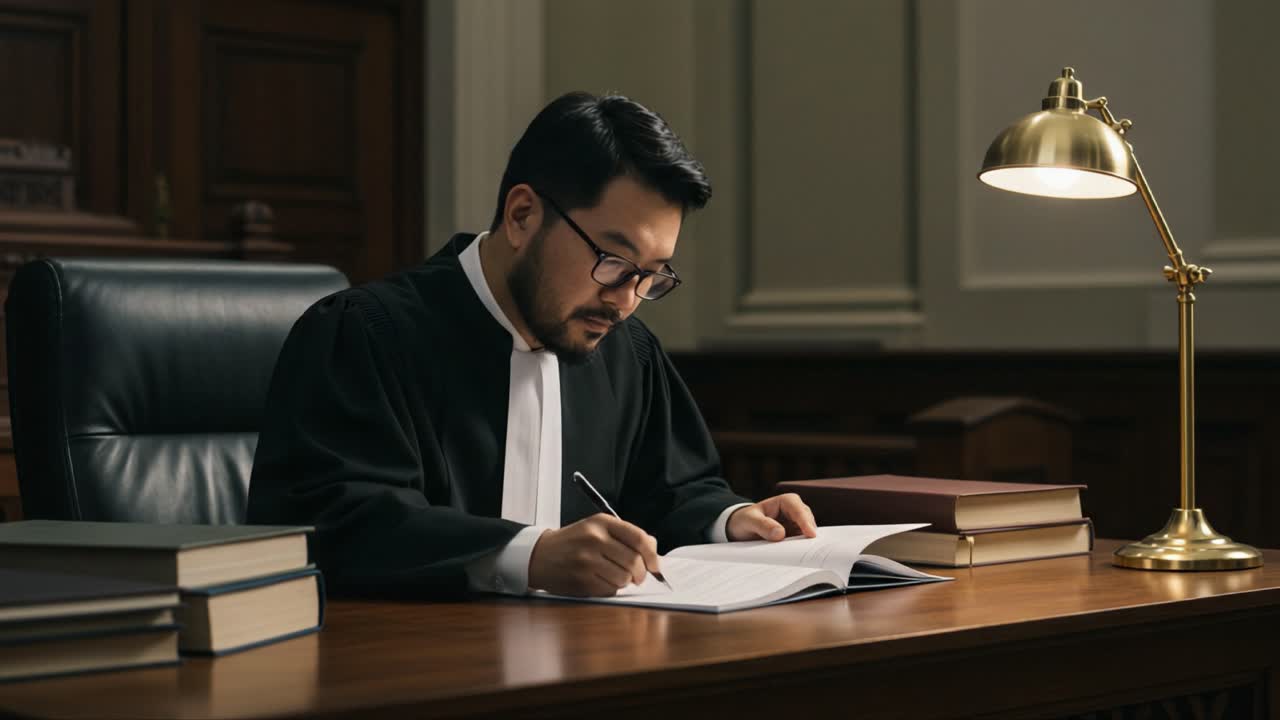 A focused legal professional reviewing case notes in a courtroom, showcasing a diligent approach to justice with a thoughtful demeanor under warm lighting
