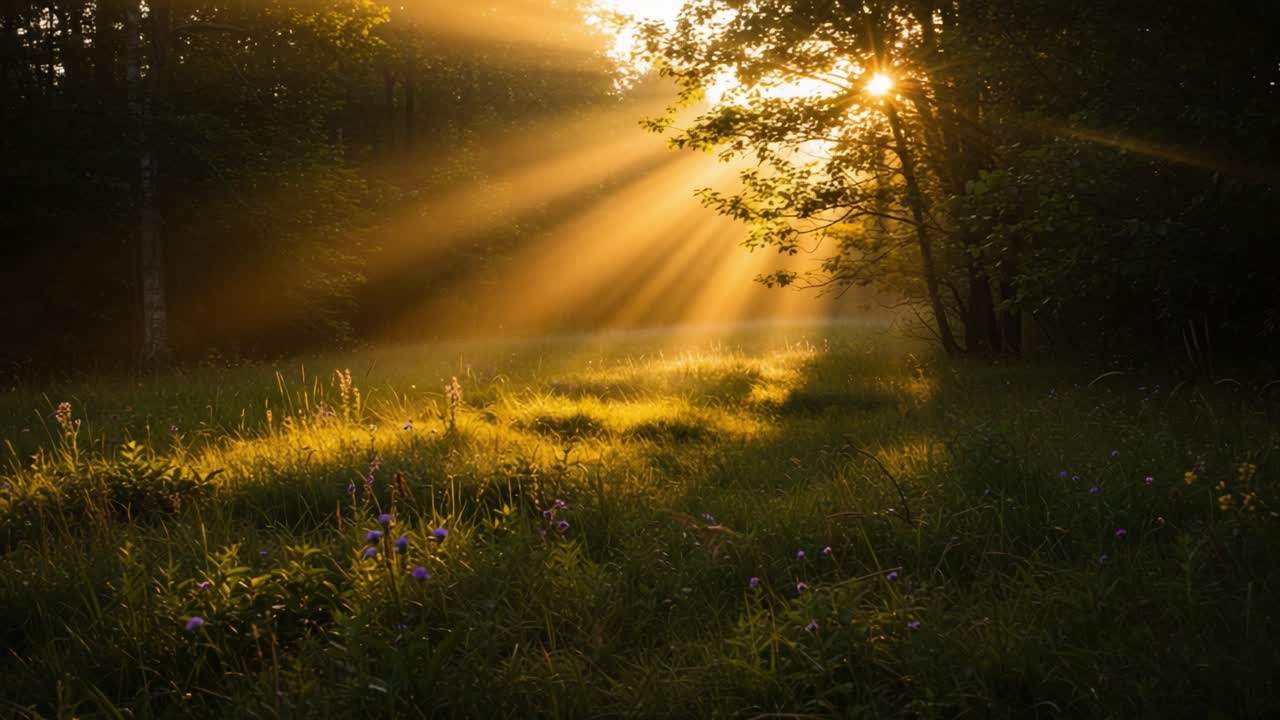 Captivating Sunrise Illumination: A Serene Outdoor Scene with Sunrays Piercing Through Trees Amidst Lush Green Grass and Wildflowers in a Tranquil Forest Setting