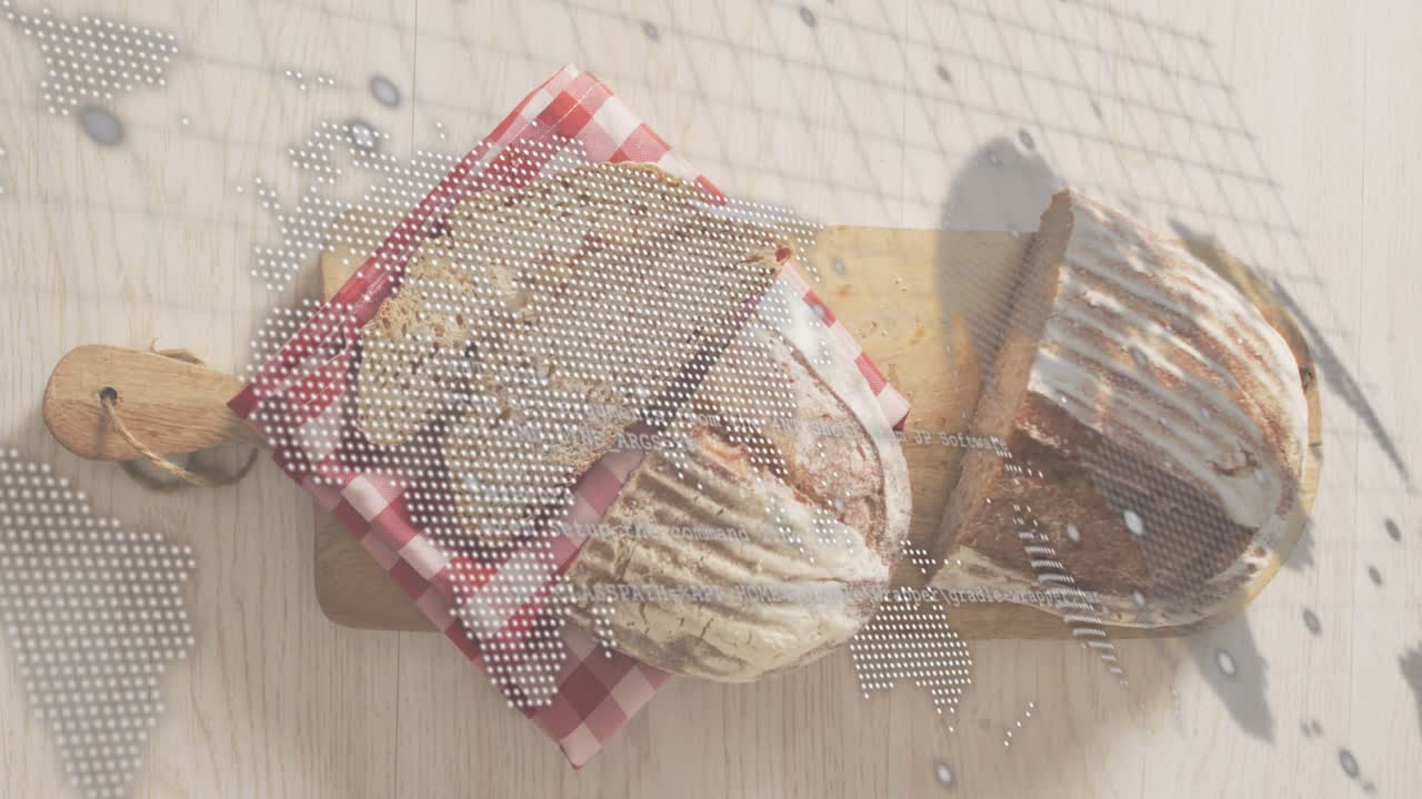 At start, dot map overlaying artisanal loaf pulsing, scrolling code visualizing global network