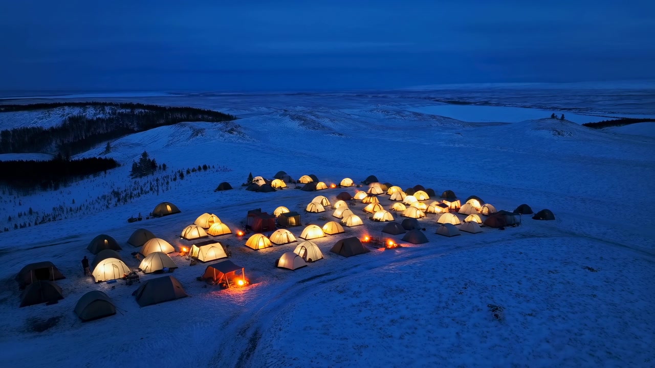Ampia vista elevata che si sposta dolcemente verso tende raggruppate su neve ondulata, dove luci interne calde e piccoli fuochi arancioni contrastano con l'ambiente blu intenso e una cresta boscosa scura