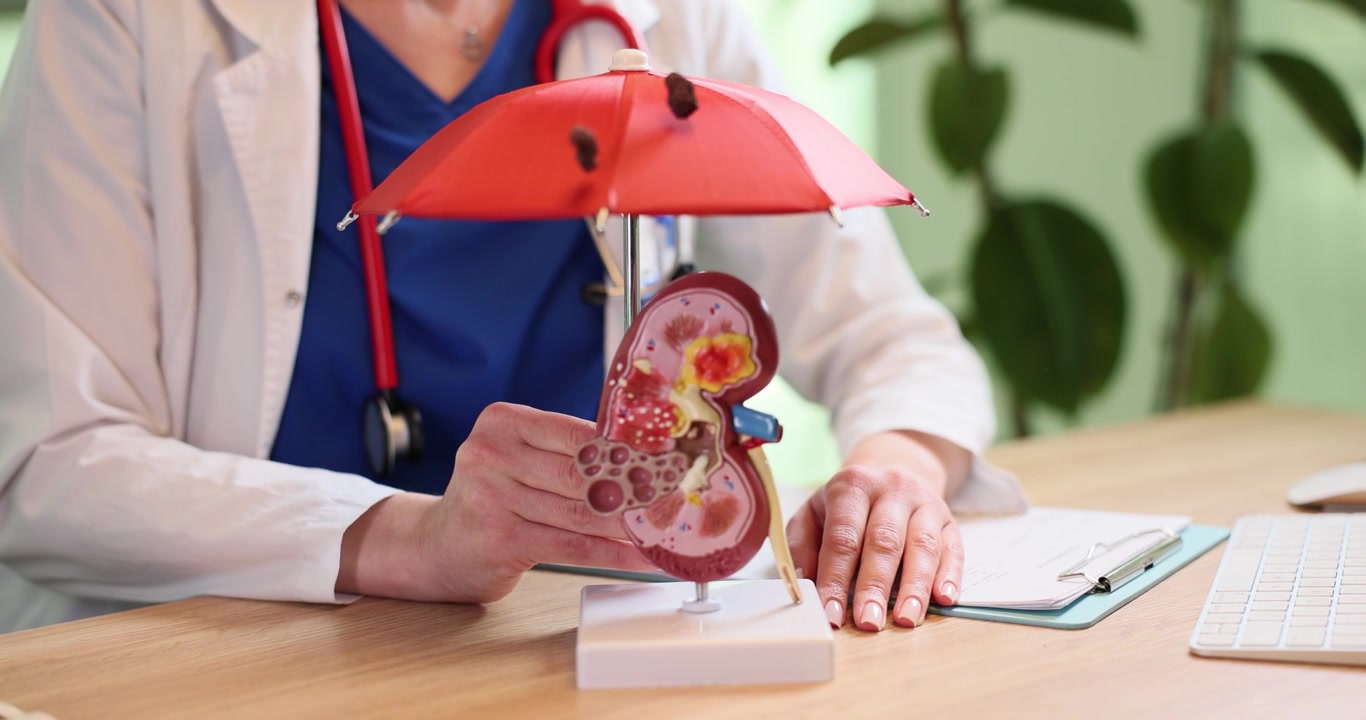 Doctor covers kidney model with toy umbrella from falling stones