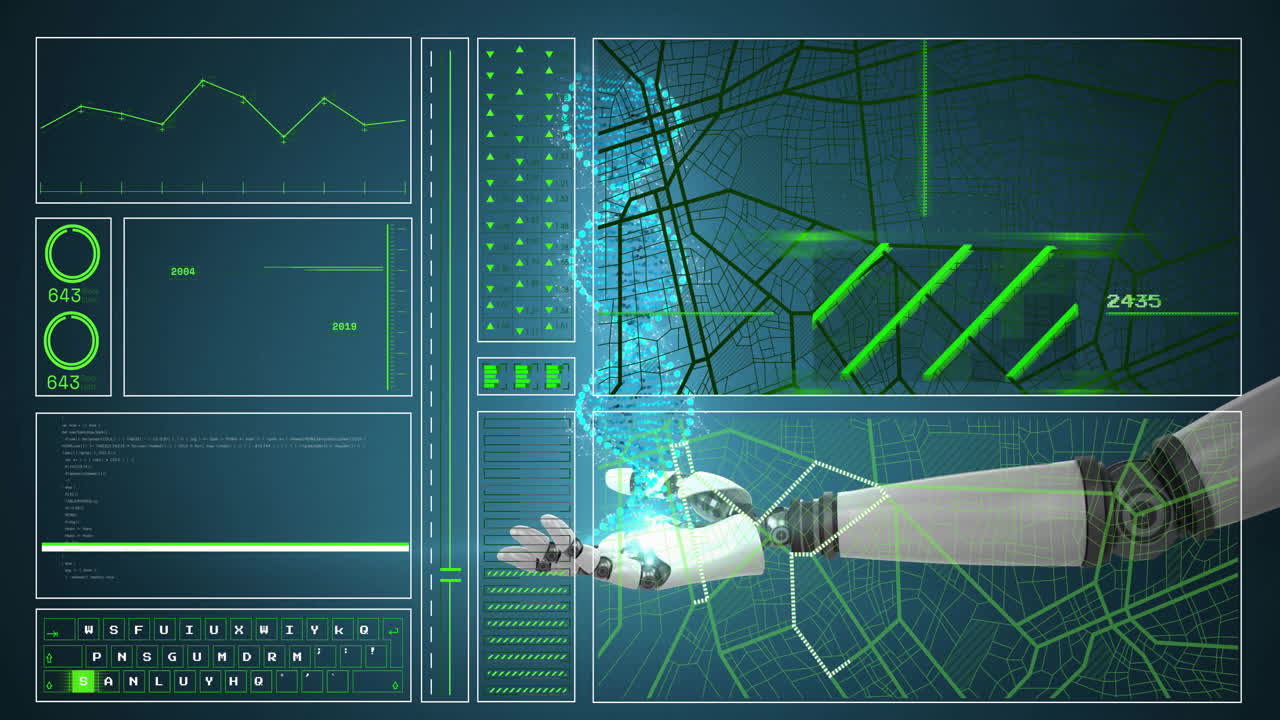 Interacting with digital map, robotic arm creating animation with data in school