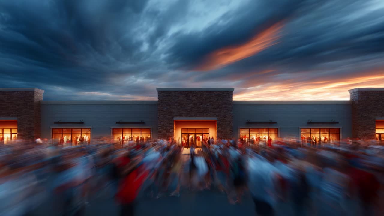 A dramatic evening scene showcases an indistinct crowd gathered outside a storefront as the sun sets behind darkening clouds, creating a captivating contrast of light and shadow