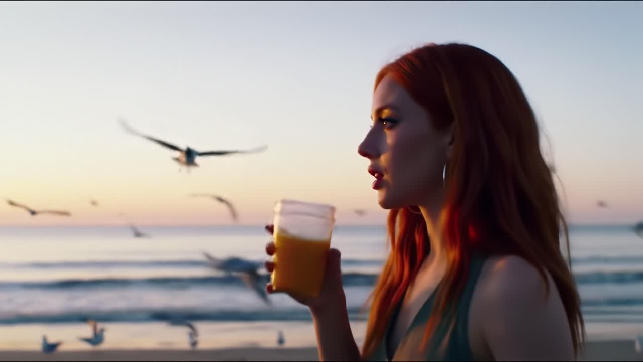 Serene Moments by the Shore: A Contemplative Woman with Red Hair Faces a Tranquil Ocean at Sunset, Watching Seagulls in Flight with a Drink in Hand