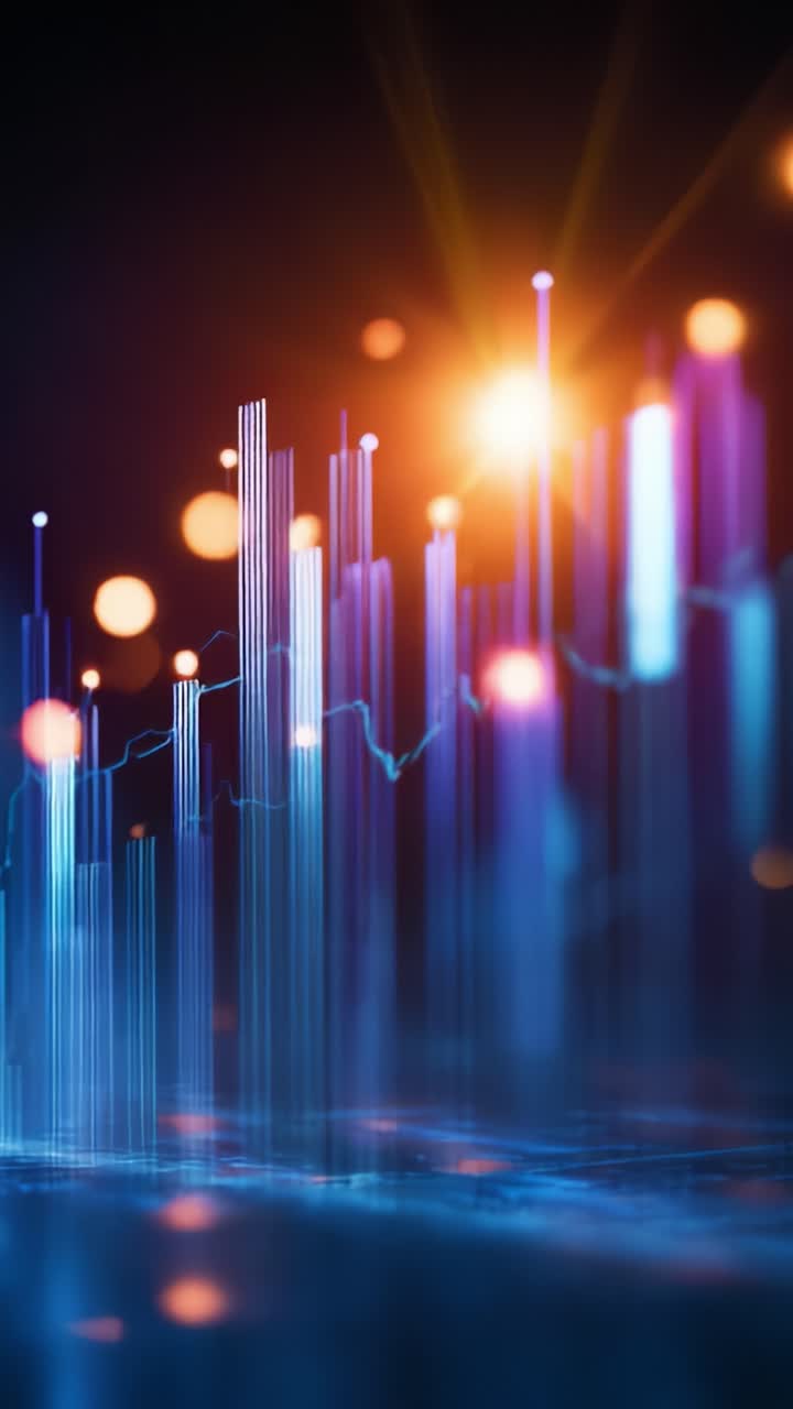 Dynamisk visualisering af abstrakte datatendenser med farverige graflinjer og lys, der fremkalder energi i et futuristisk digitalt område