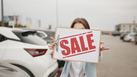 woman holding sale sign in front of cars