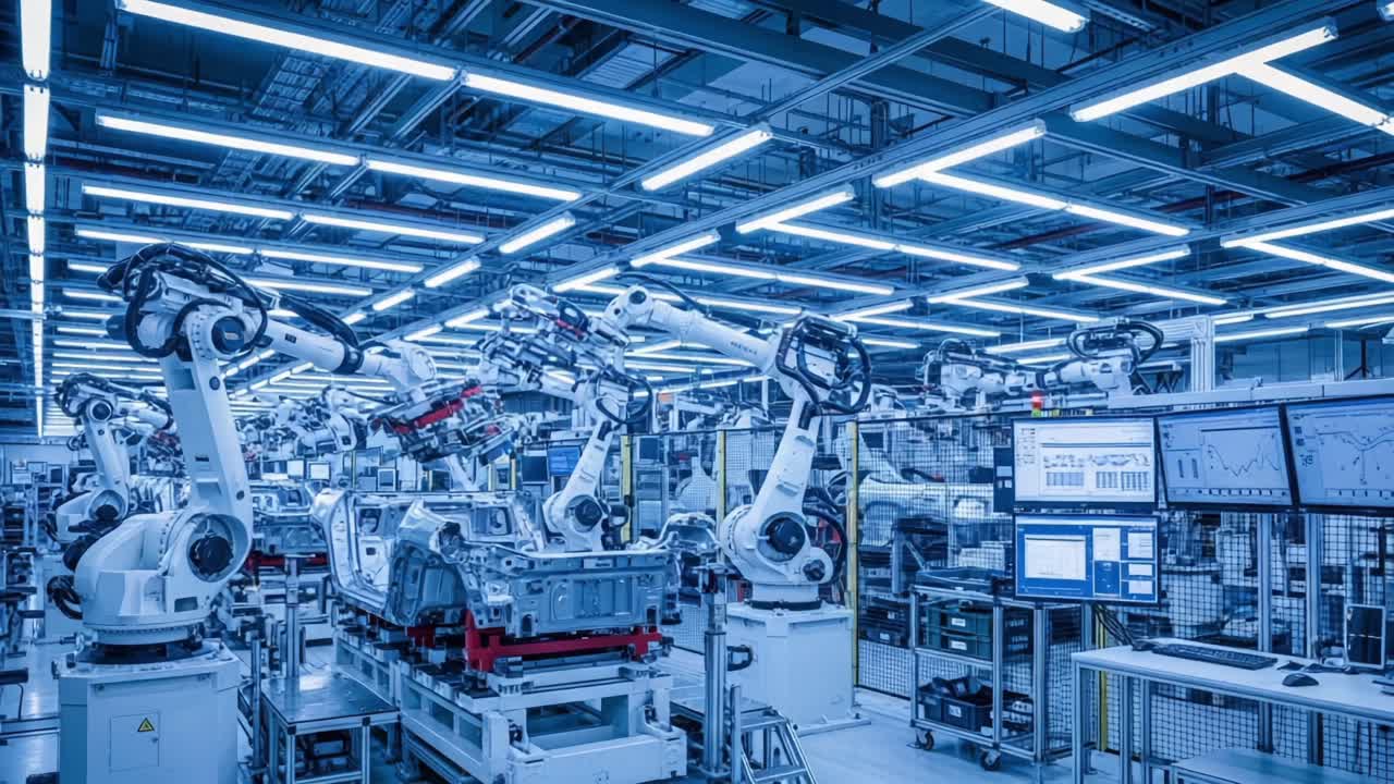 Advanced Robotic Assembly Line Showcasing Automation in Manufacturing with High-Tech Robots and Integrated Monitoring Systems for Streamlined Production Processes