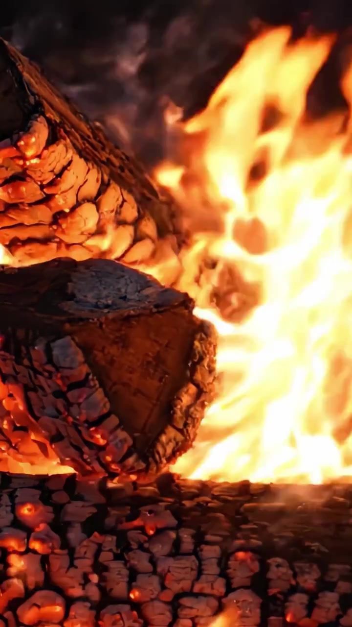 Fiamme Dinamiche e Affascinanti: Una Vista Ravvicinata di Ceppi che Bruciano Creando un'Intensa Dimostrazione di Fuoco e Calore con Vivaci Movimenti Tremolanti