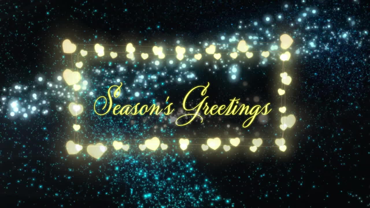 Glowing hearts and sparkles, Season Greetings text animation over dark background