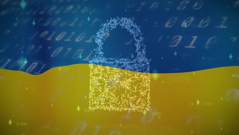 Animation-Von-Binärcode-Und-Digitalem-Vorhängeschloss-über-Der-Flagge-Der-Ukraine