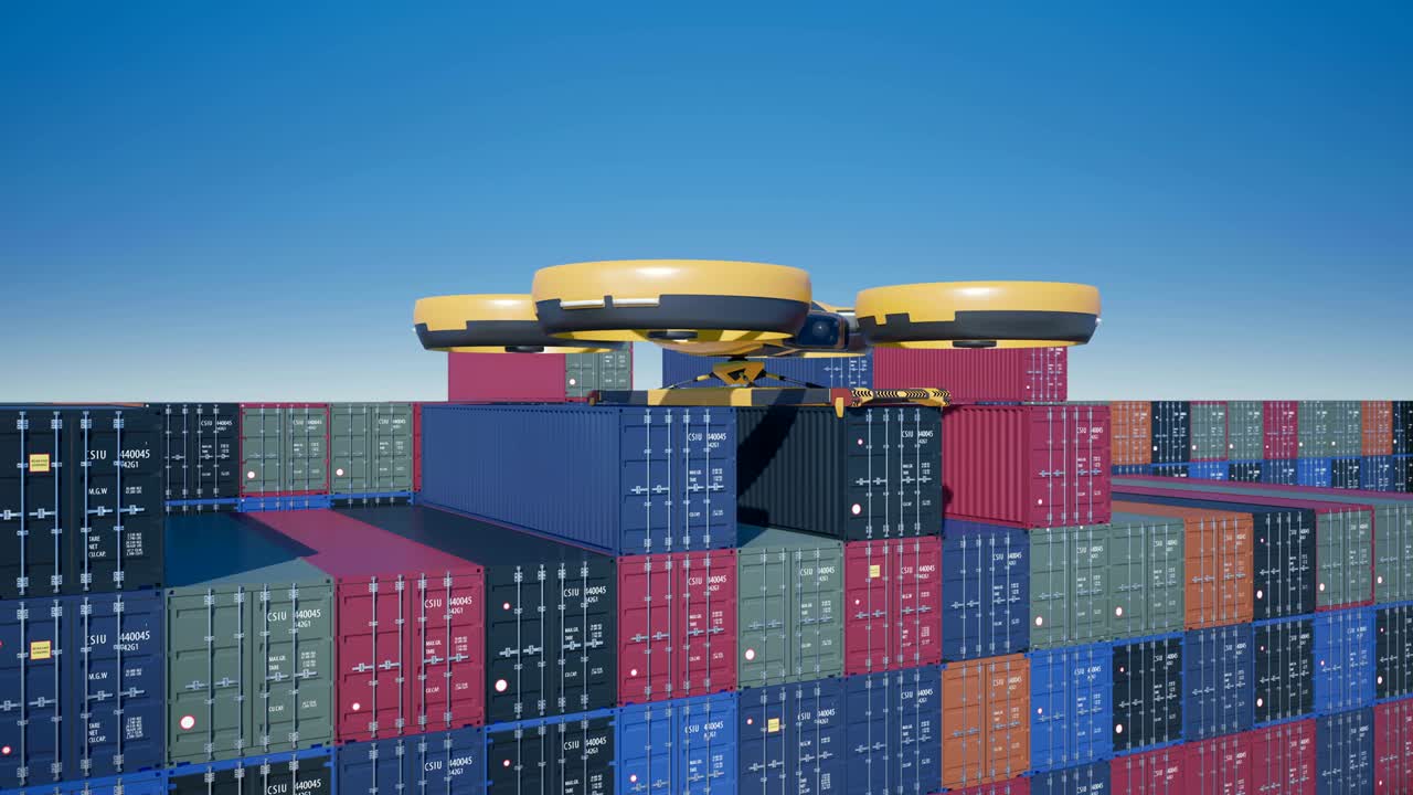 대형 화물 드론이 터미널에서 컨테이너를 가져갑니다.