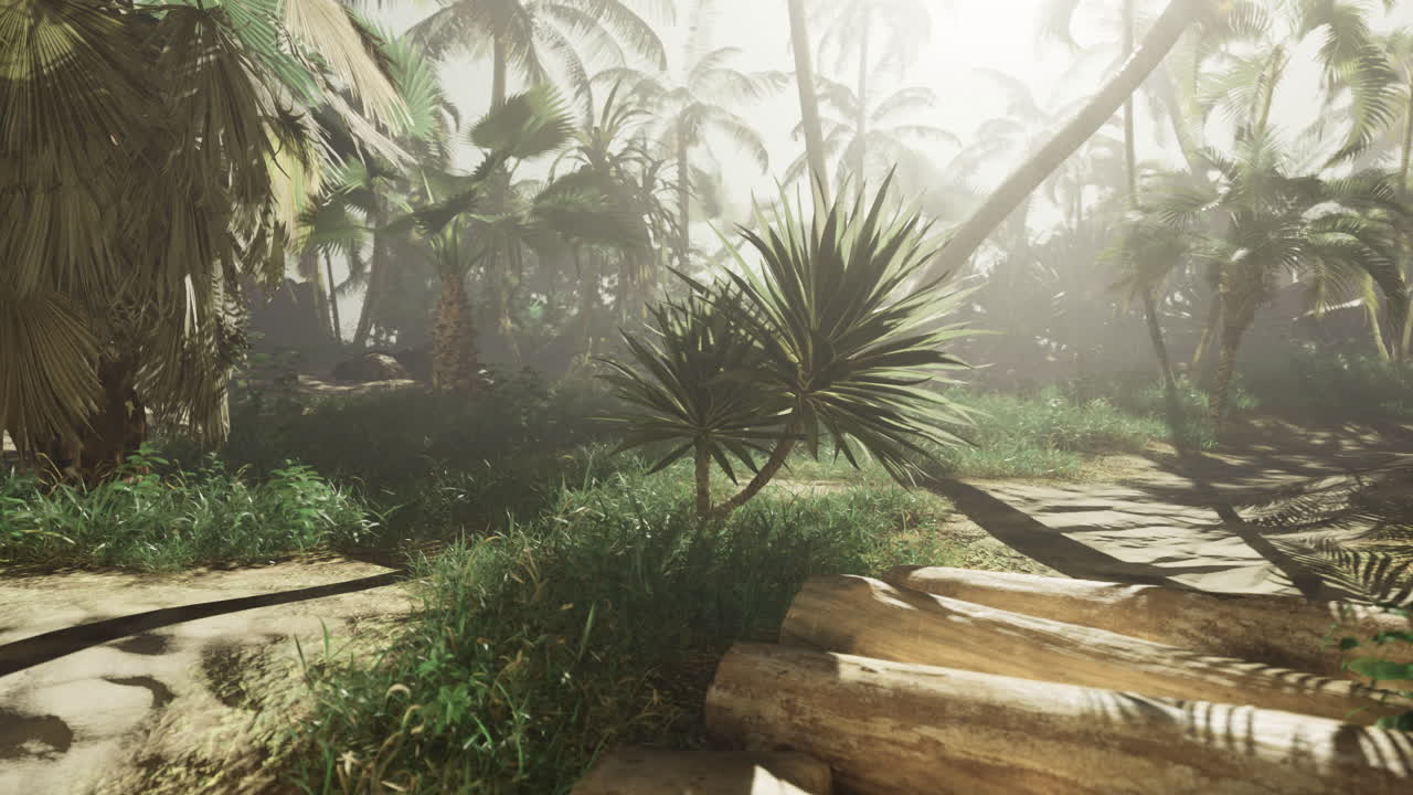 A vibrant tropical landscape featuring dense greenery and palm trees