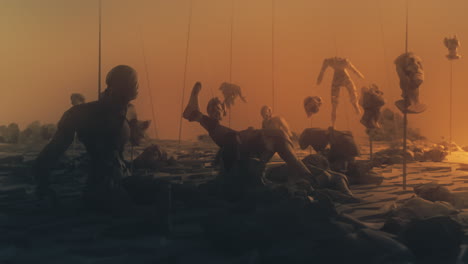 destroyed andorids on a junkyard in yellow light