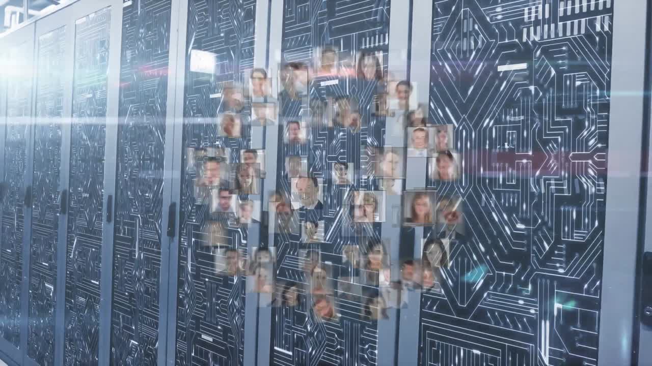 Animation of people icons and light spots over server room