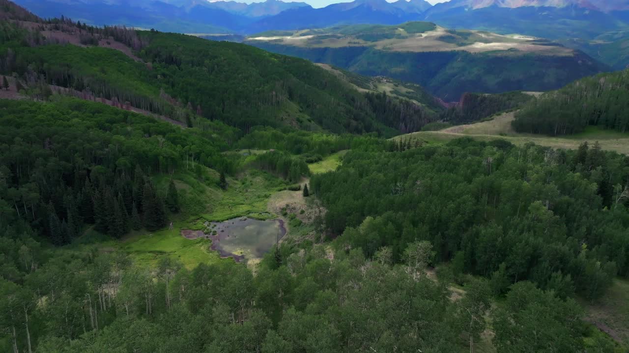 Summer Telluride Colorado aerial drone Uncompahgre Forest Aspen Tree grove Last Dollar Road airport ski resort Lizard Head Wilson Peak landscape vista San Juan Rocky Mountains Range backwards pan up