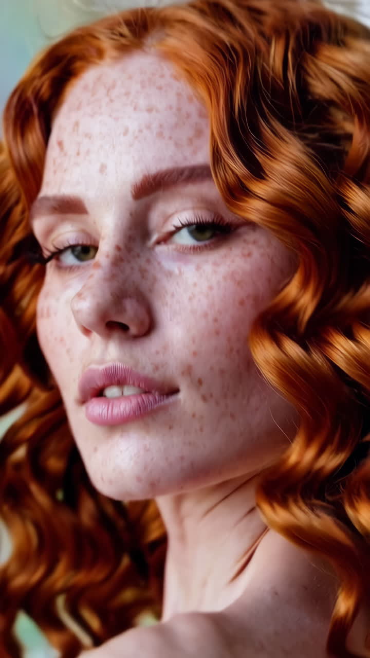 retrato en primer plano de una mujer con cabello rizado rojo y pecas