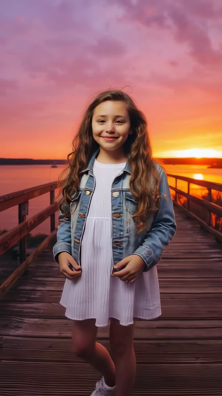 Vídeo vertical: cámara acercándose, chica avanzando en un muelle, con chaqueta vaquera sonriendo al atardecer