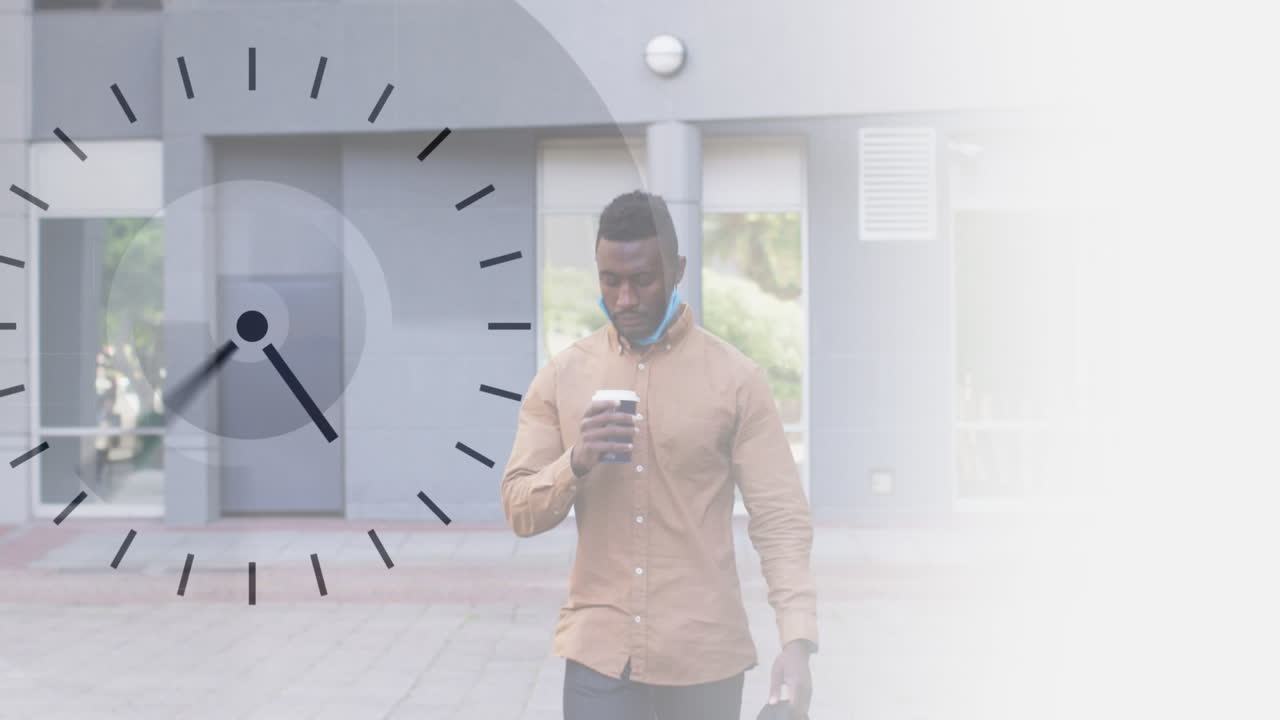 Animation of digital clock interface with man wearing face mask drinking coffee walking in street