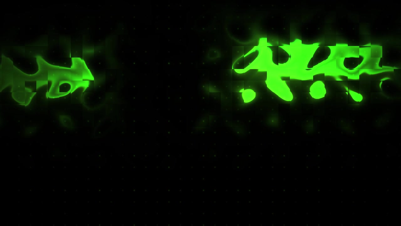 Animazione glitch liquida astratta verde e gialla su sfondo nero.