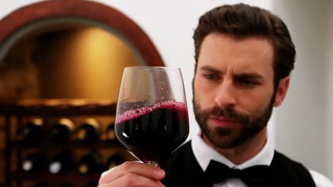 waiter looking at glass of red wine at counter