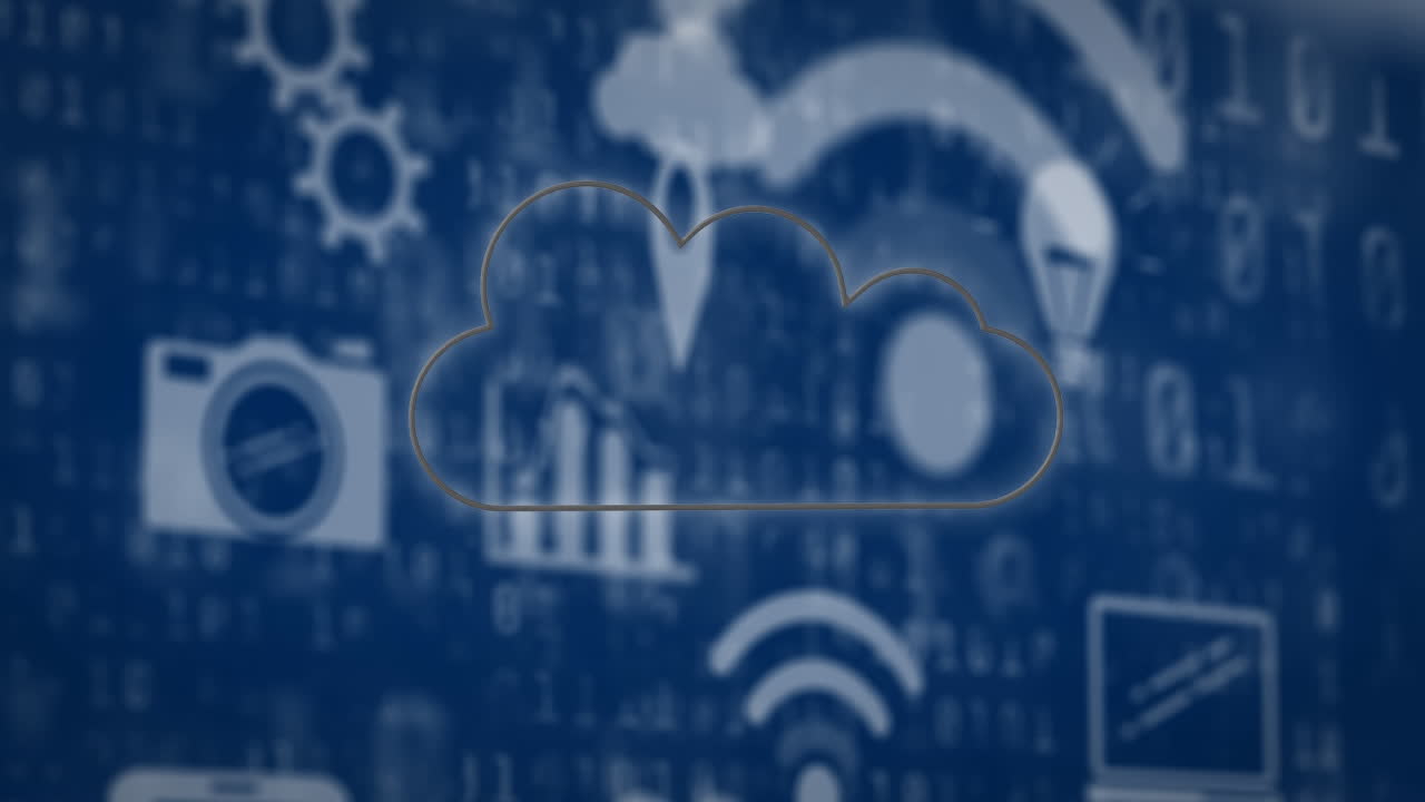 animación de la nube digital y los iconos en línea en fondo azul