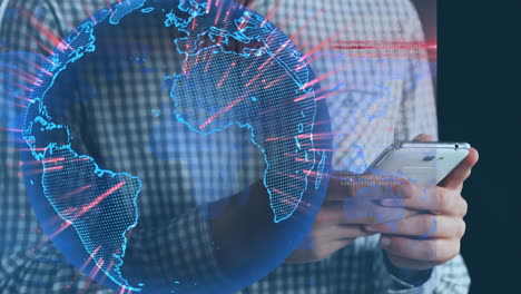 animación del procesamiento de datos y el mundo sobre el hombre biracial usando un teléfono inteligente