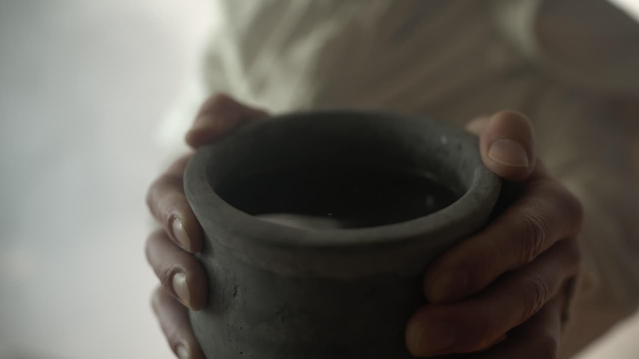 Closeup of Jesus Christ holding a clay jar of wine, as a representation of the last supper, communion, Christian sacraments, and the shed blood of Jesus on the cross. Perfect for Easter Sunday visual.