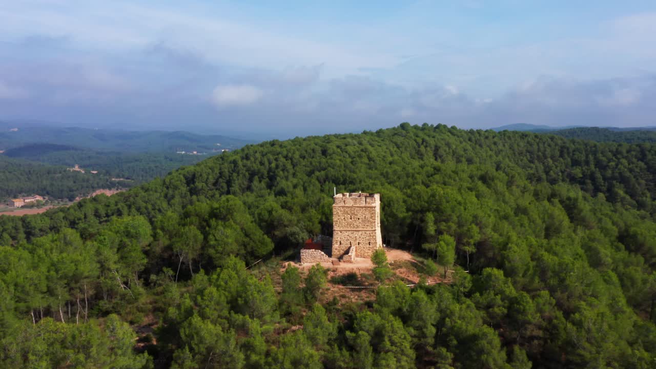 toma aérea de drones de la torre de soldados en el denso bosque verde natural de avinyó