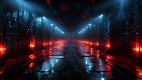 a dark hallway with red lights in the middle of it