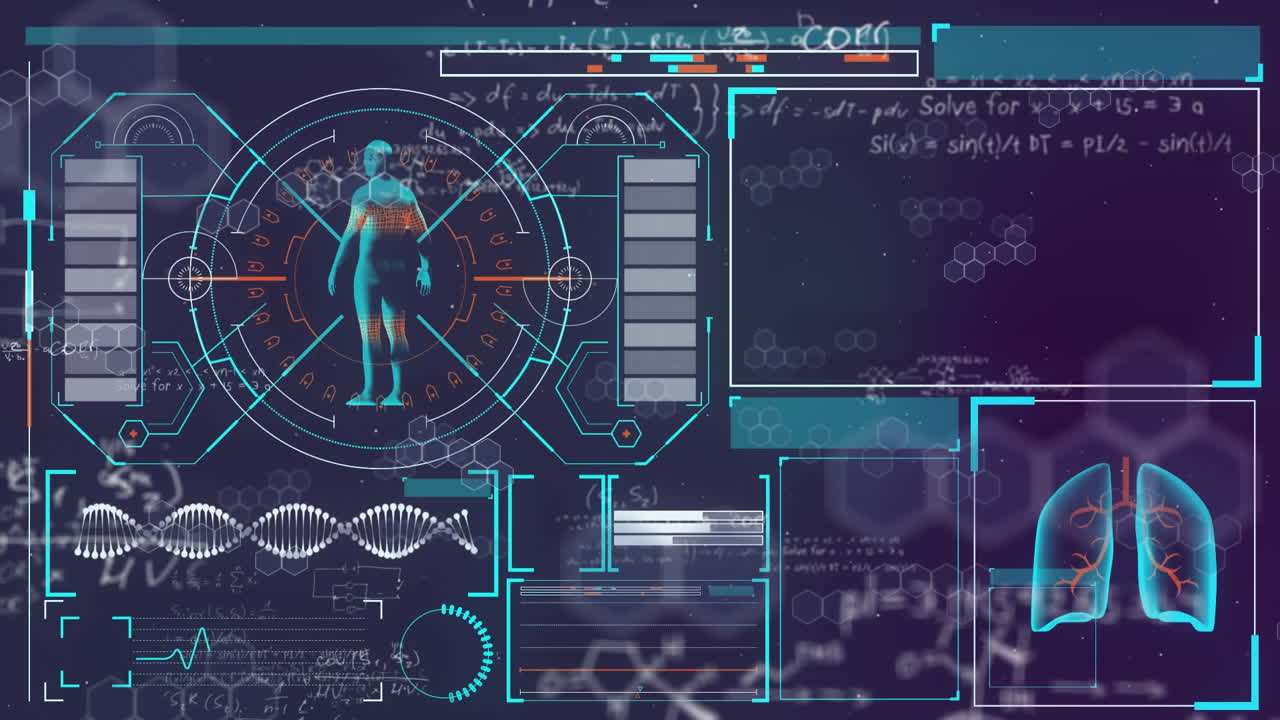 Digital animation of digital interface with medical data processing against purple background
