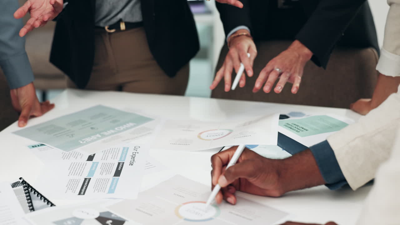 Business people, hands and paperwork at meeting