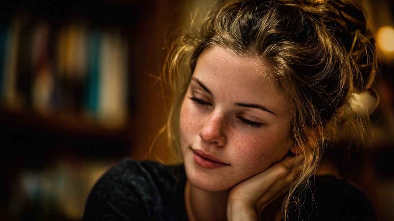 A Thoughtful Moment Captured: The Introspection and Serenity of a Young Woman Lost in Contemplation in a Cozy Environment
