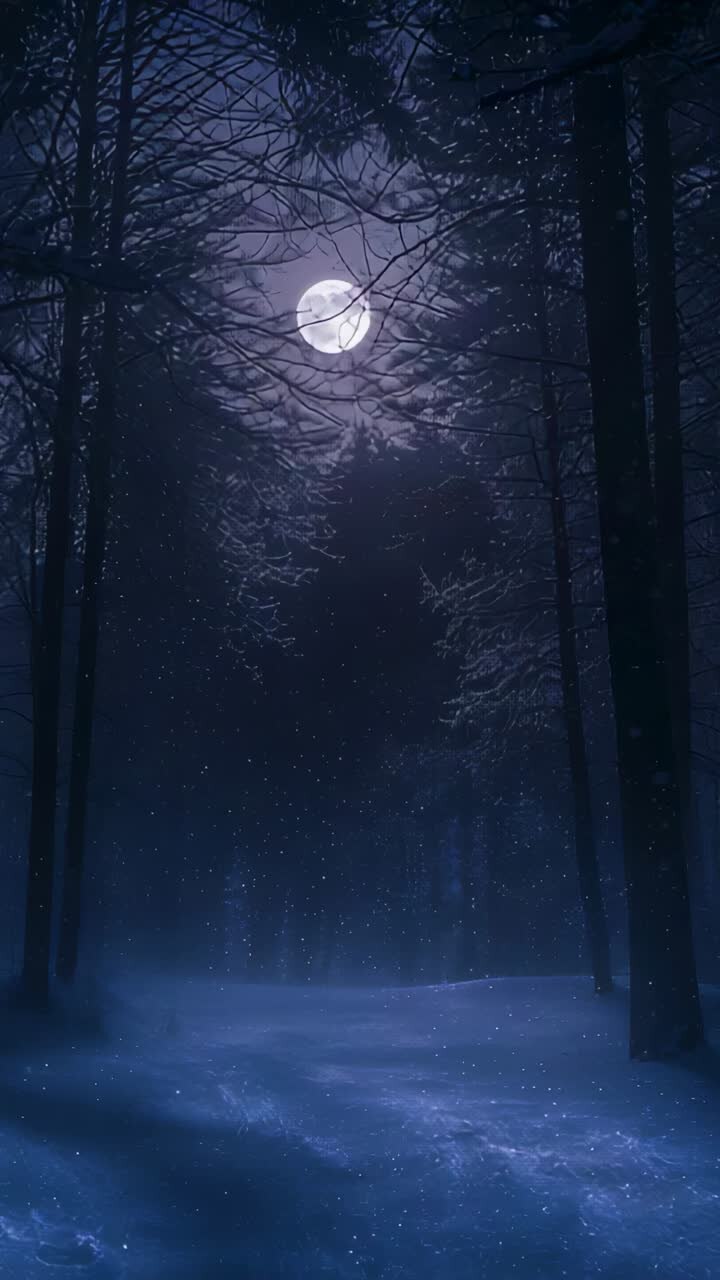 Video verticale: luna piena splendente che si sposta con la brezza che muove i rami su un sentiero innevato con la nebbia