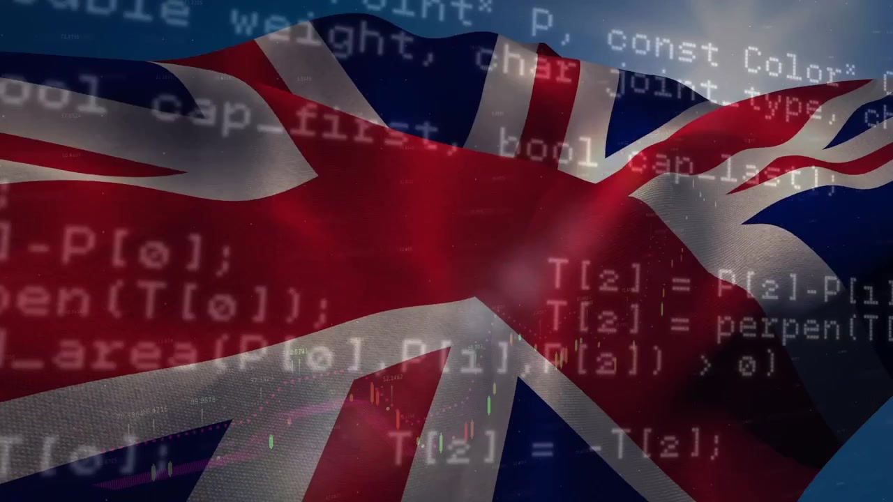Animation af Storbritanniens flag over databehandling og skyer