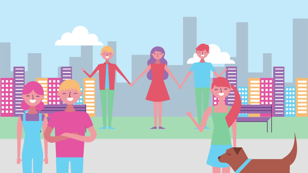 young friends group with dog characters