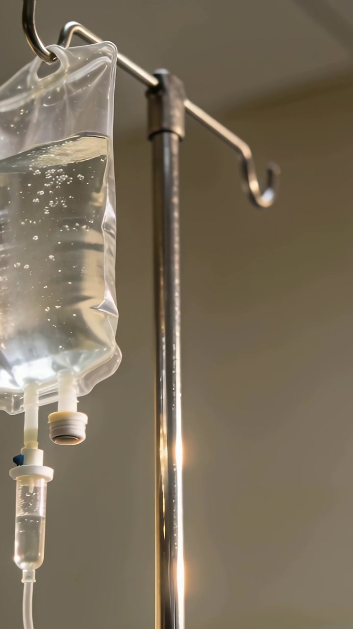 Video verticale: Sacca per flebo che gocciola e camera di gocciolamento che mostra bolle sull'asta in clinica, mentre somministra liquidi.