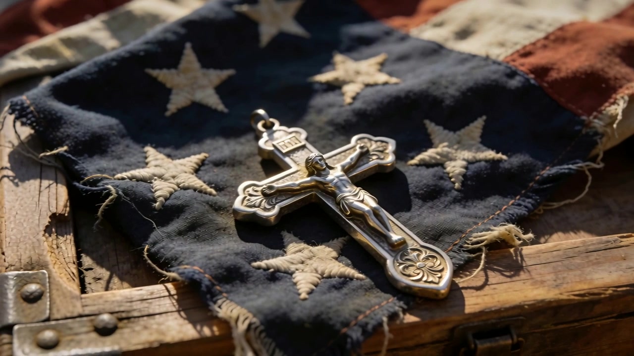 Panning camera revealing metal crucifix on worn US flag on wood chest, sunlight revealing detail