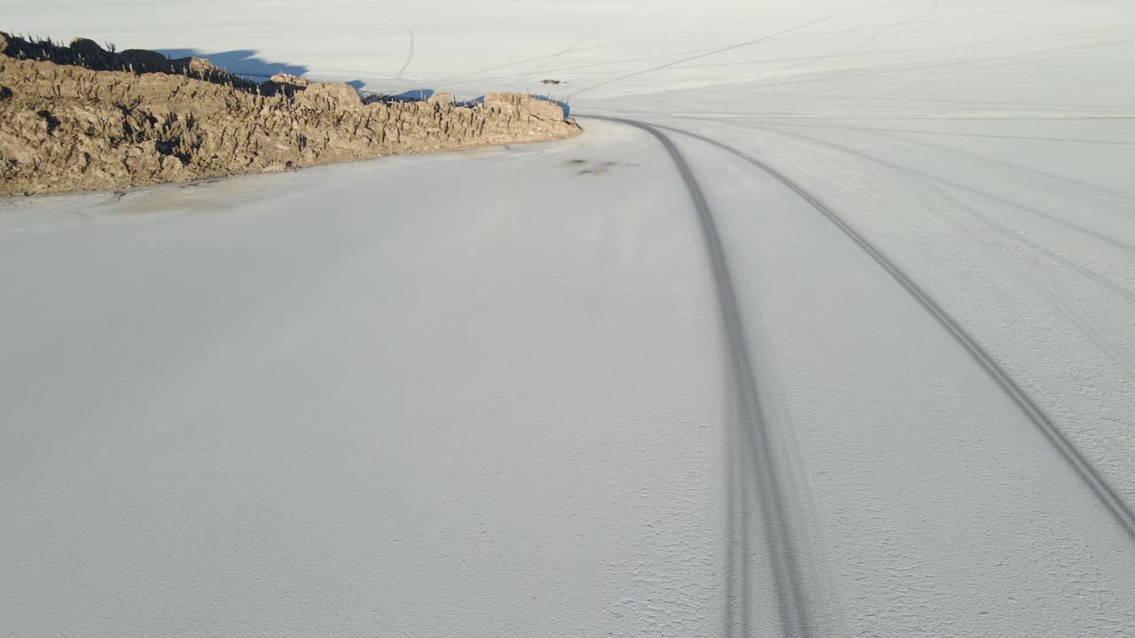 Side drone pass showing isolated cactus trees atop rocky hill at Isla Incahuasi in Uyuni
