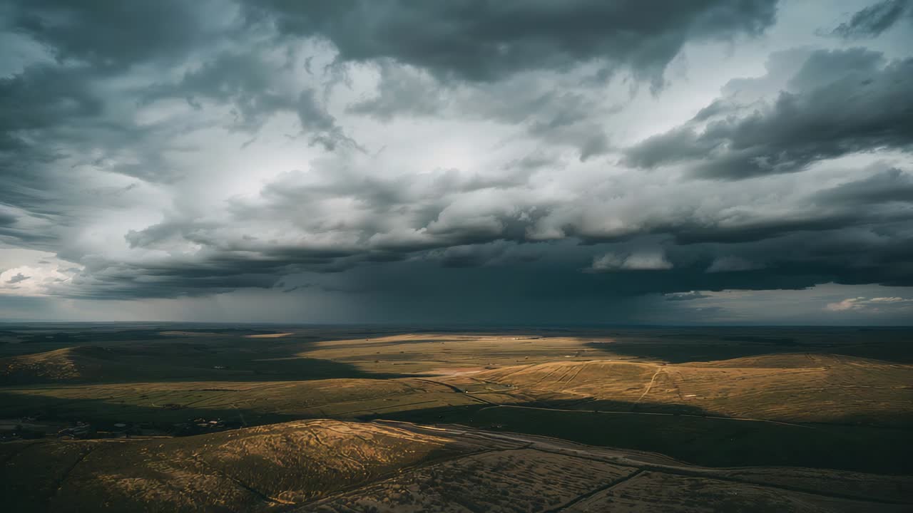 Fremrykkende skyformation, der sænker sig over sletterne, regnkerne opbygges med regnforhæng og solbeskinnede marker