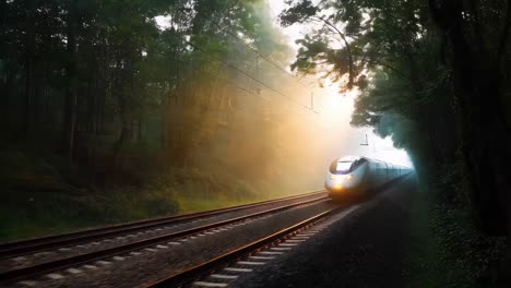 high-speed train through a foggy forest at sunrise