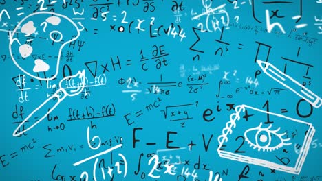 Animation-of-mathematical-formulas-and-icons-on-blue-background