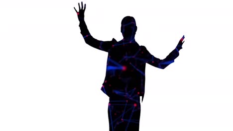 Animation-of-silhouette-of-businesswoman-using-screen-with-light-trails-on-white-background