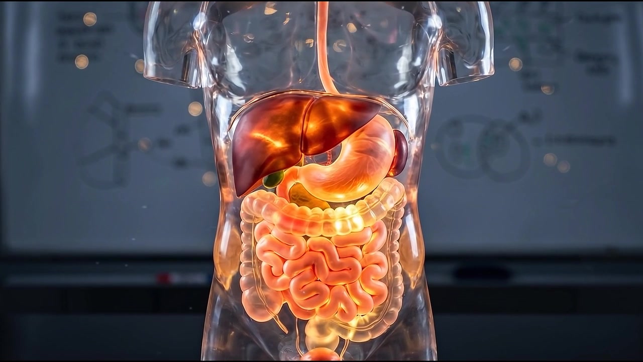 Anatomical Model of Human Digestive System with Glowing Organs